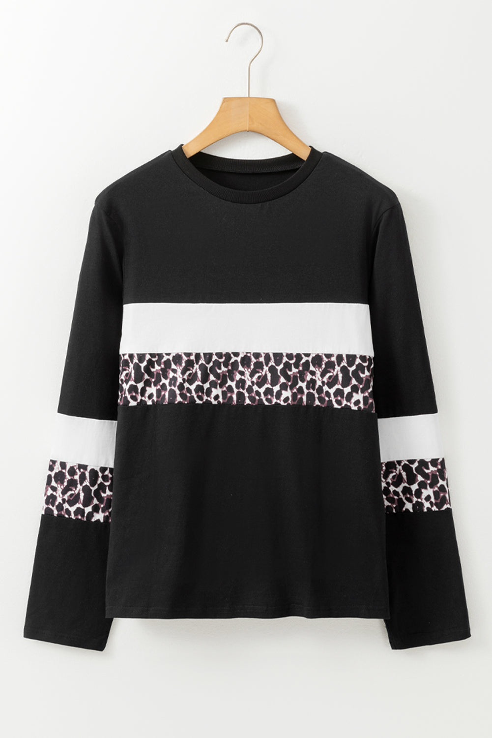 Rose Leopard Colorblock Patchwork Crew Neck Long Sleeve Tee