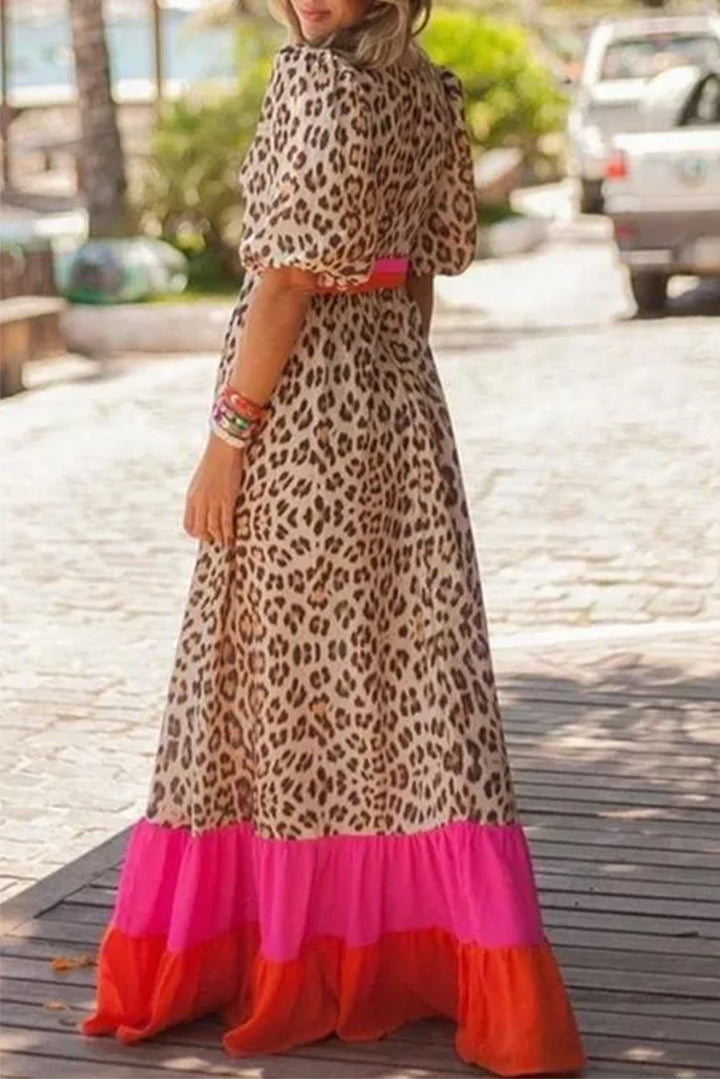 Bright Pink Leopard Colorblock Patchwork Bubble Sleeve Maxi Dress