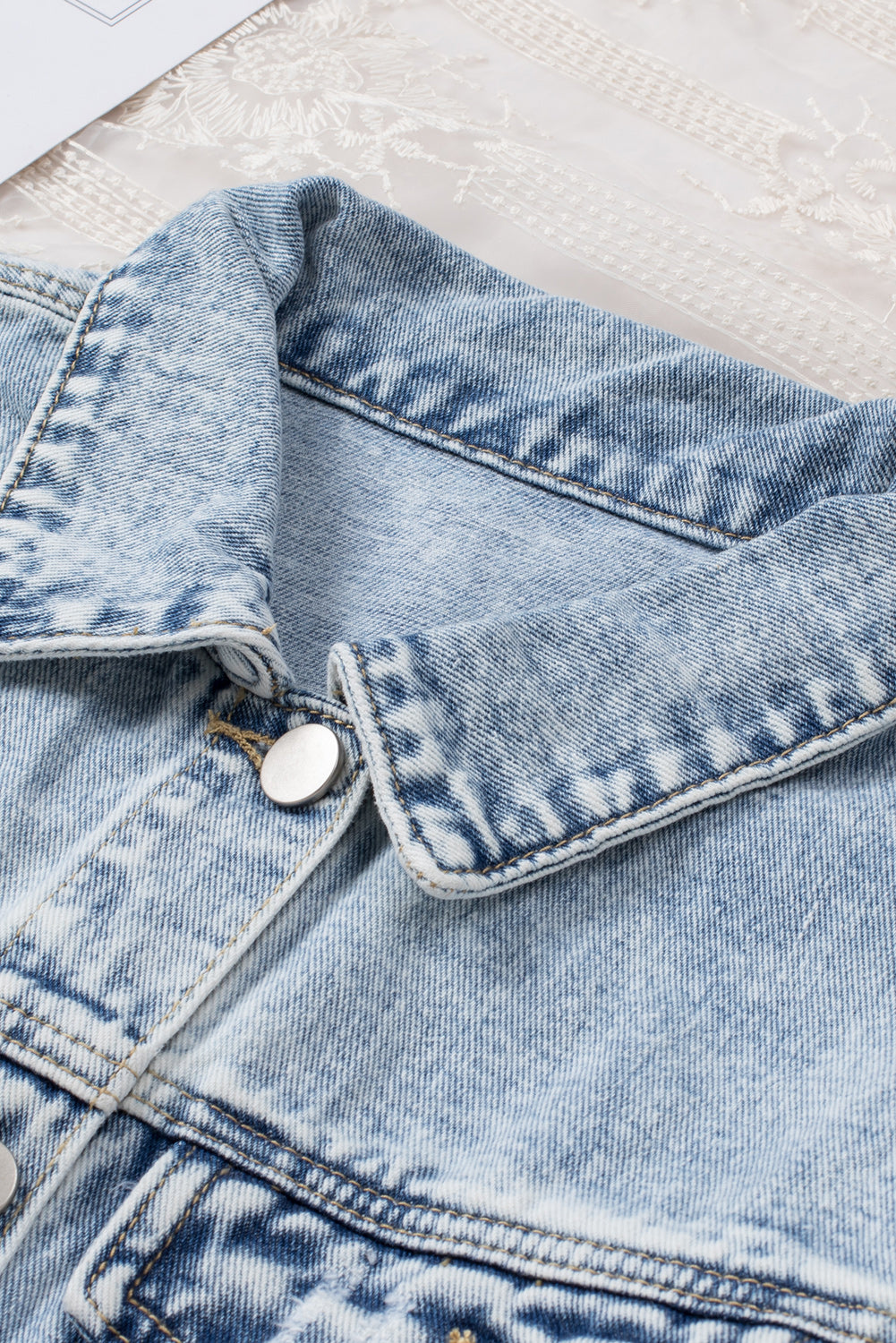 Blue Lapel Distressed Raw Hem Buttons Denim Jacket