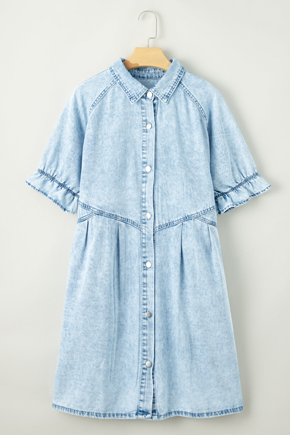 Medium Grey Mineral Wash Ruffled Short Sleeve Buttoned Denim Dress