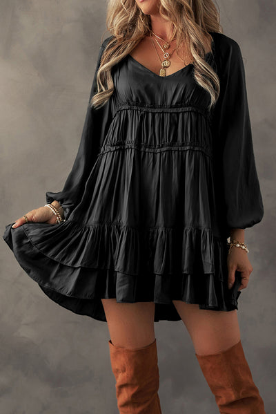 Mist Green Tiered Ruffled Puff Sleeve Loose Fit Mini Dress