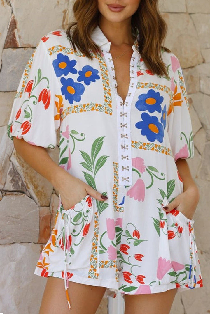 White Floral Print Split Neck Pocketed Shirt Collar Romper