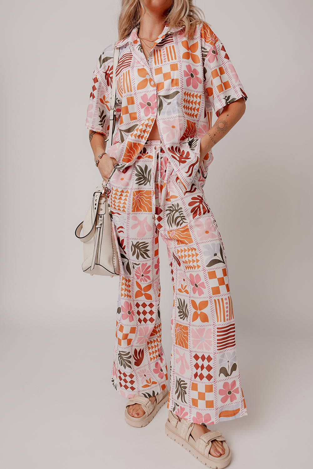 Orange Plant Checkered Print Collared Shirt and Wide Leg Pants Set