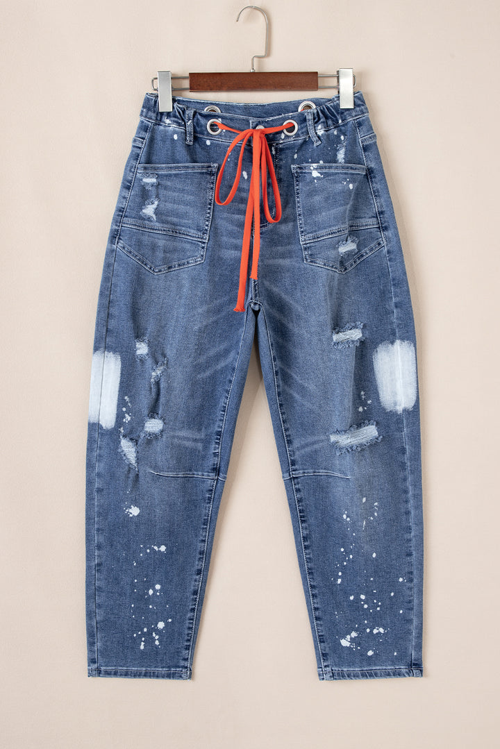 Ashleigh Blue Ripped Splattering Paint Rope Waist Cropped Straight Jeans