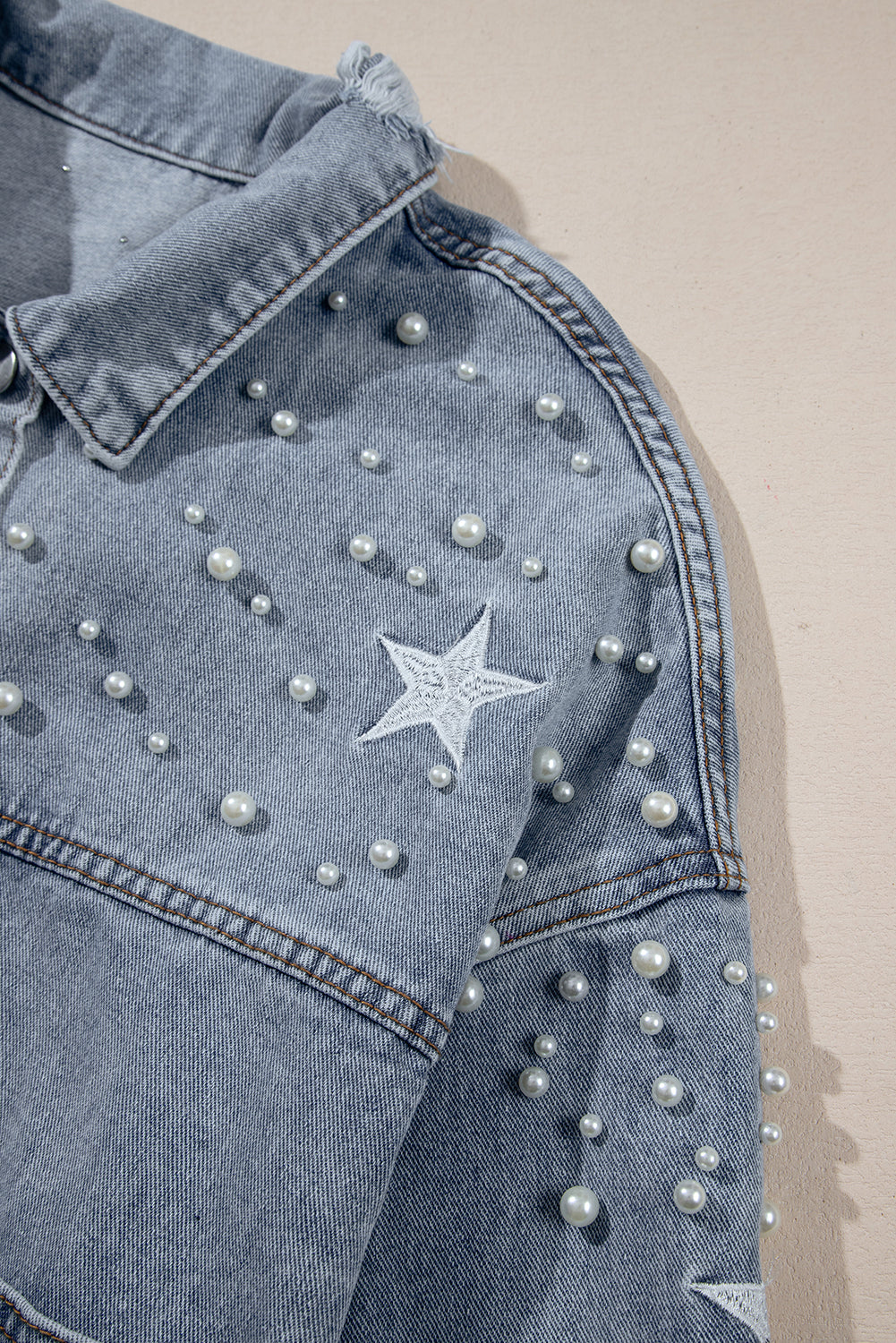 Black Distressed Pearls Star Cropped Denim Jacket