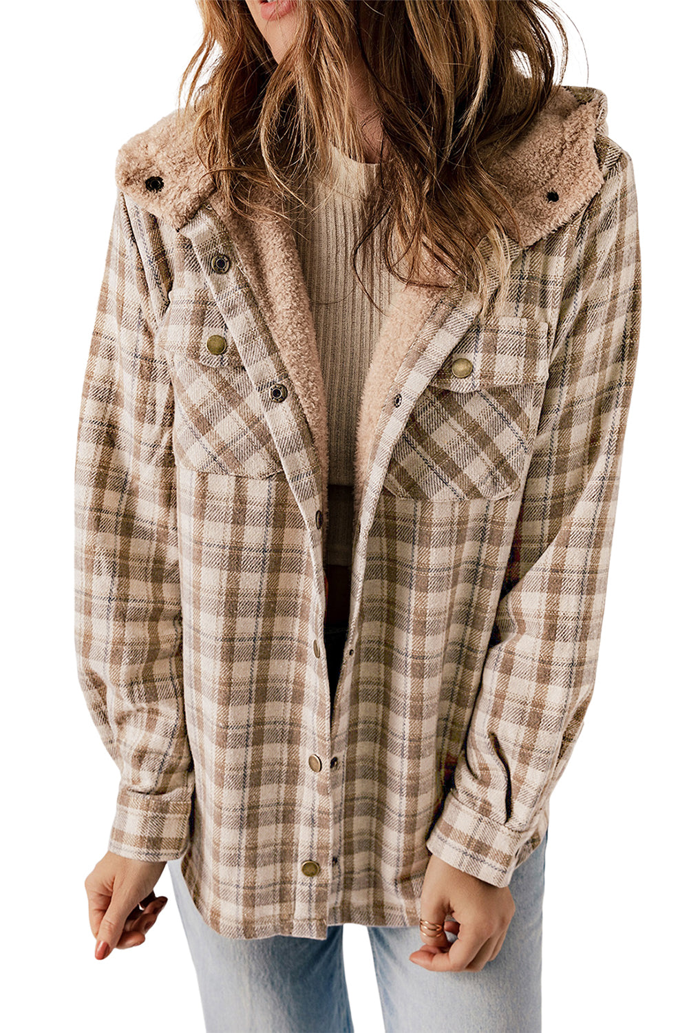 Blue Plaid Pattern Sherpa Lined Hooded Shacket