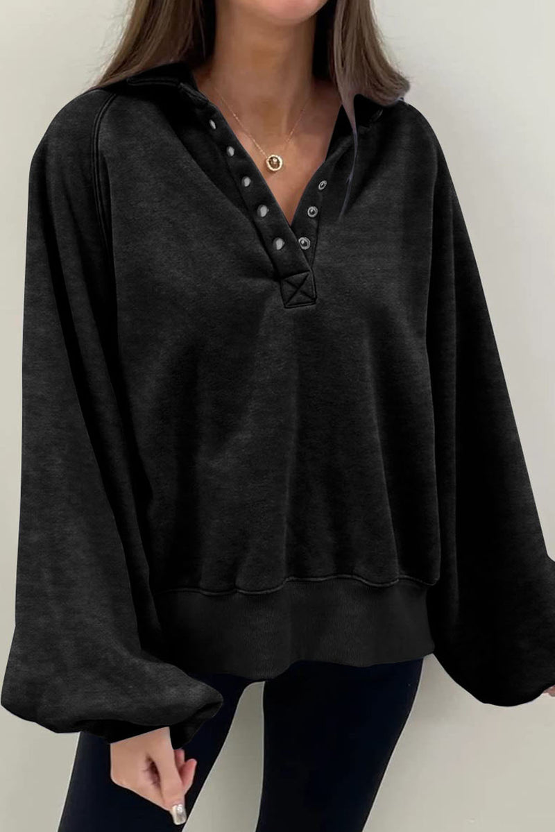 Black Solid Snap Buttons Collared Balloon Sleeve Oversized Sweatshirt