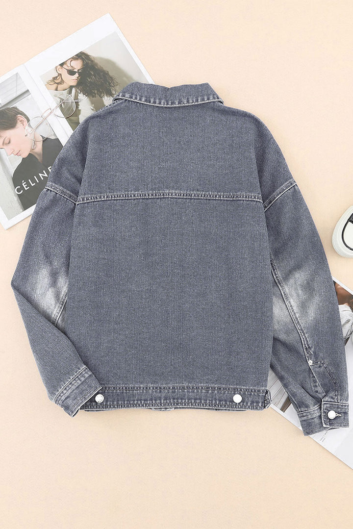 Gray Chest Pockets Drop Shoulder Loose Denim Jacket