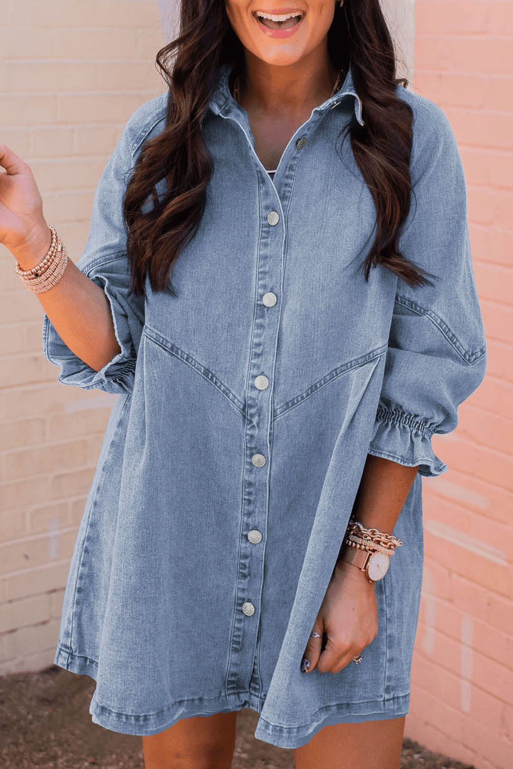 Gray Buttoned Long Sleeve Denim Mini Dress