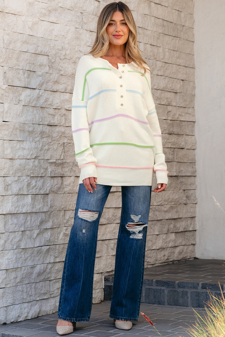 Pink Rainbow Stripes Drop Shoulder Baggy Henley Sweater