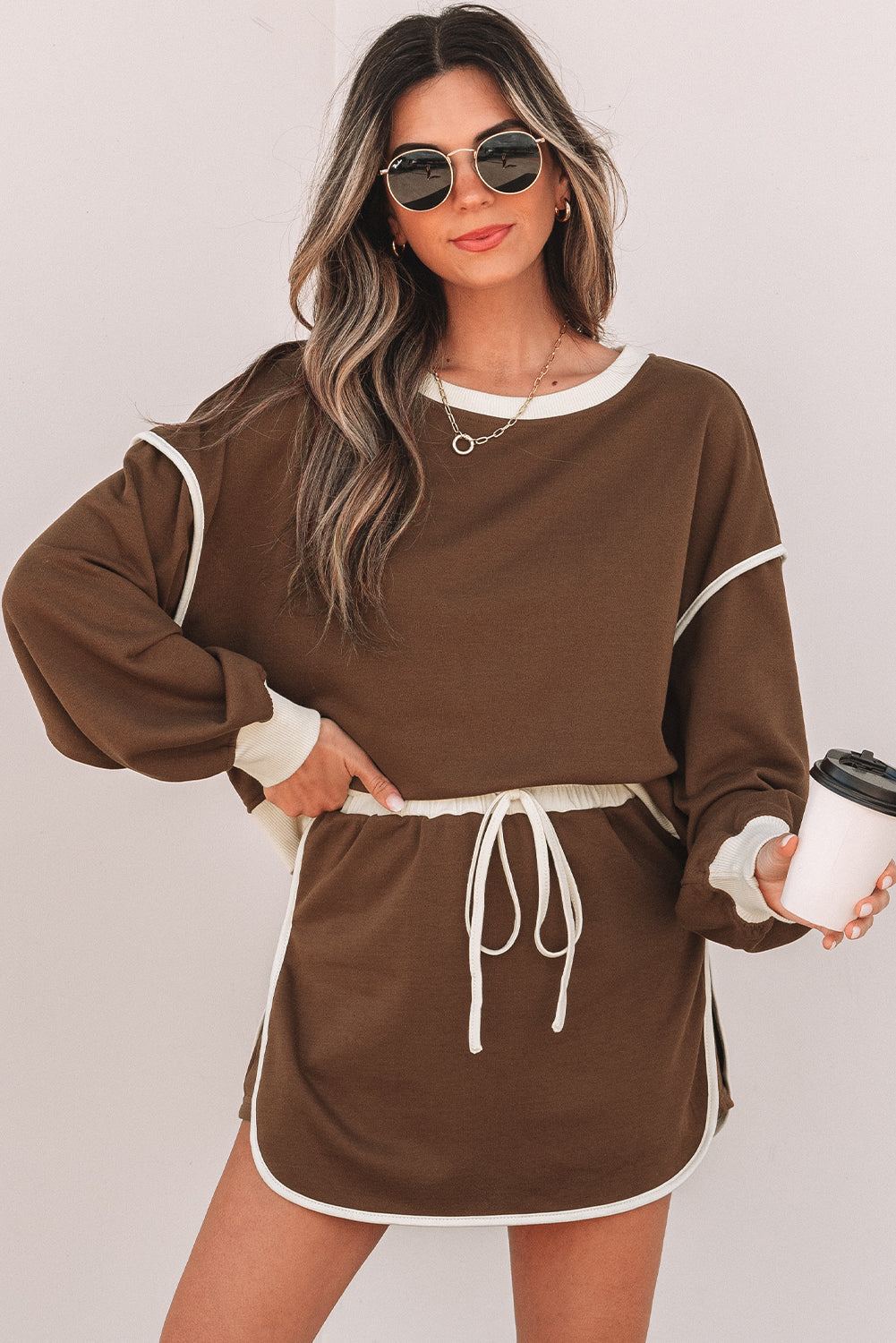 Coffee Color Contrast Loose Pullover and Lace-up Waist Skort Set