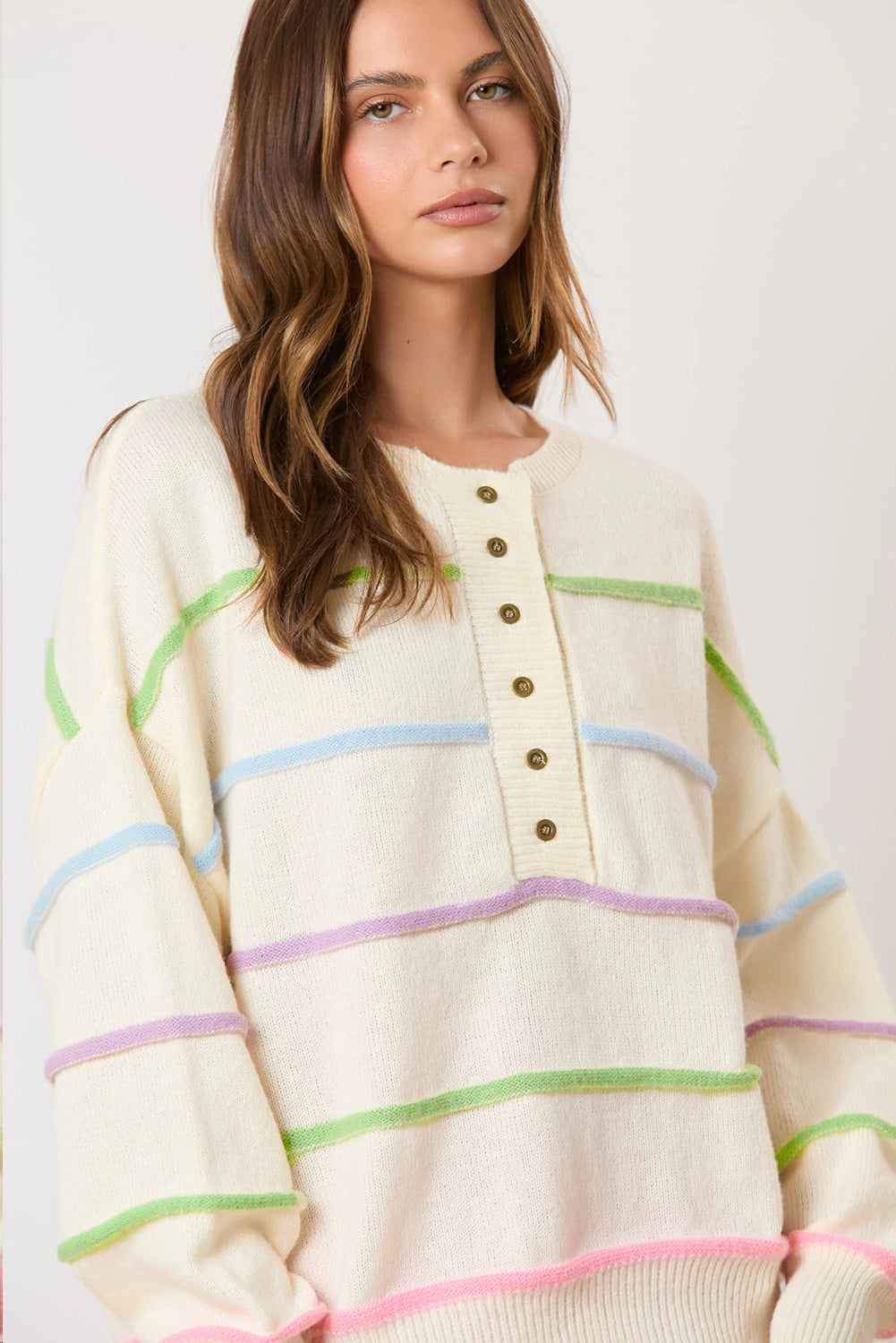 Pink Rainbow Stripes Drop Shoulder Baggy Henley Sweater