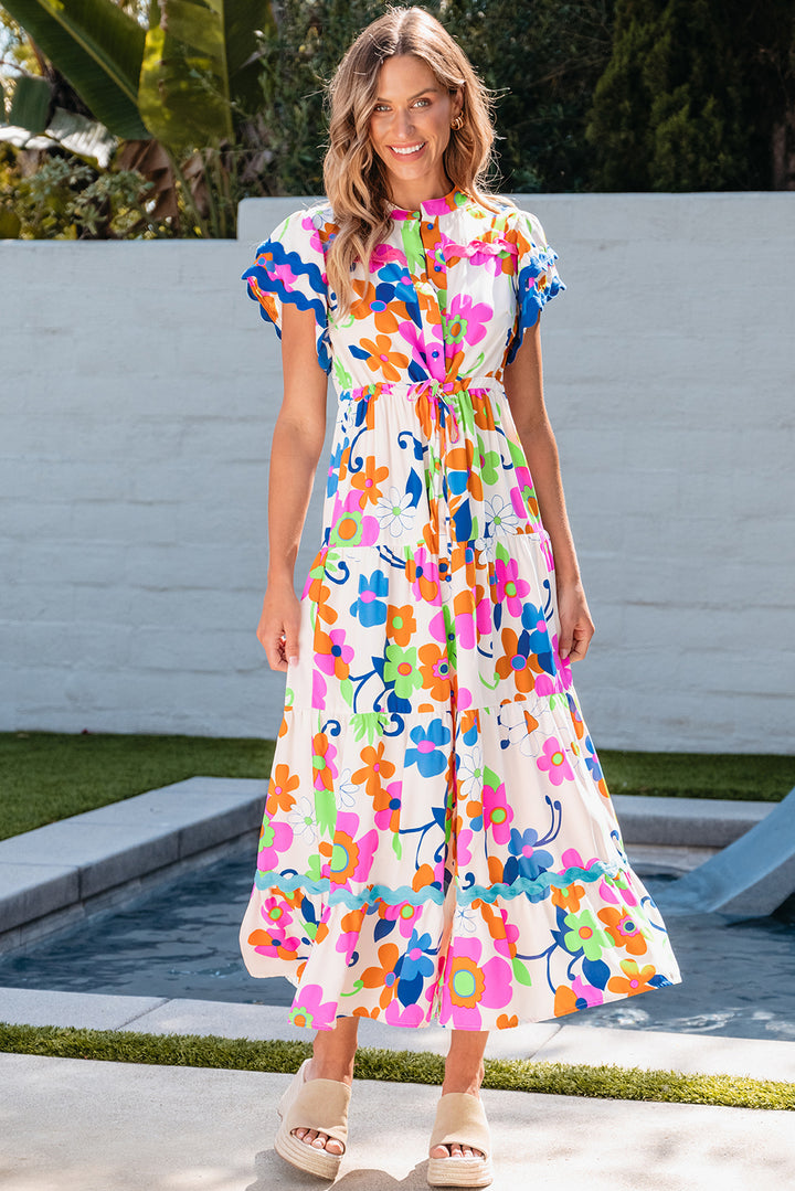 Pink Ricrac Trim Flutter Sleeve Buttoned Floral Maxi Dress