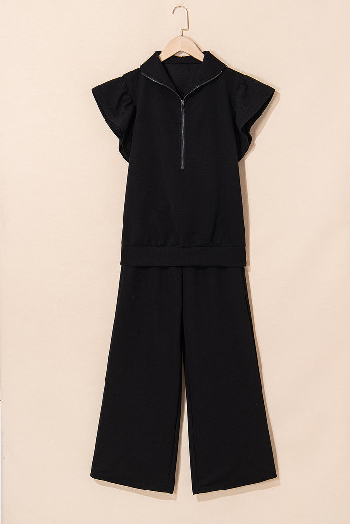 Black Textured Ruffled Sleeve Zipped Top and Wide Leg Pants Set