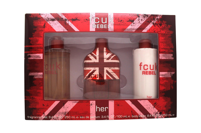 FCUK Rebel For Her Presentset 100ml EDT + 250ml Body Lotion + 250ml Fragrance Mist