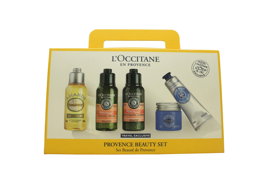 L'Occitane en Provence Travel Exclusive Gift Set 75ml Almond Shower Oil + 75ml Intensive Repair Shampoo + 75ml Intensive Repair Conditioner + 50ml Shea Butter Ultra Rich Body Cream+ 30ml Shea Butter Dry Skin Hand Cream