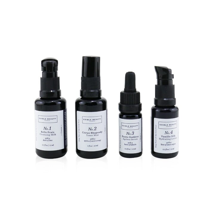 & Edible Beauty On The Fly Travel Mini Kit: Cleansing Milk 15ml+ Toner Mist 30ml+ Ageless Serum 10ml+ Hydrating Lotion 15ml - 4pcs