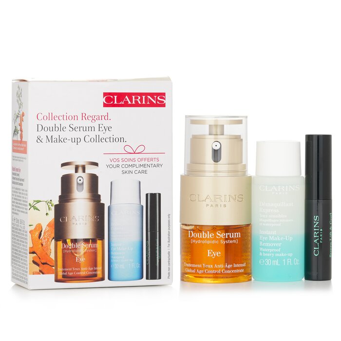 Clarins Double Serum Eye Set: Double Serum Eye 20ml + Instant Eye Make-up Remover 30ml + Supra Lift & Curl Mascara 3ml - 3pcs