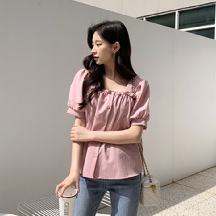 Square Neck Puff Sleeve Blouse - Free (XS-M)