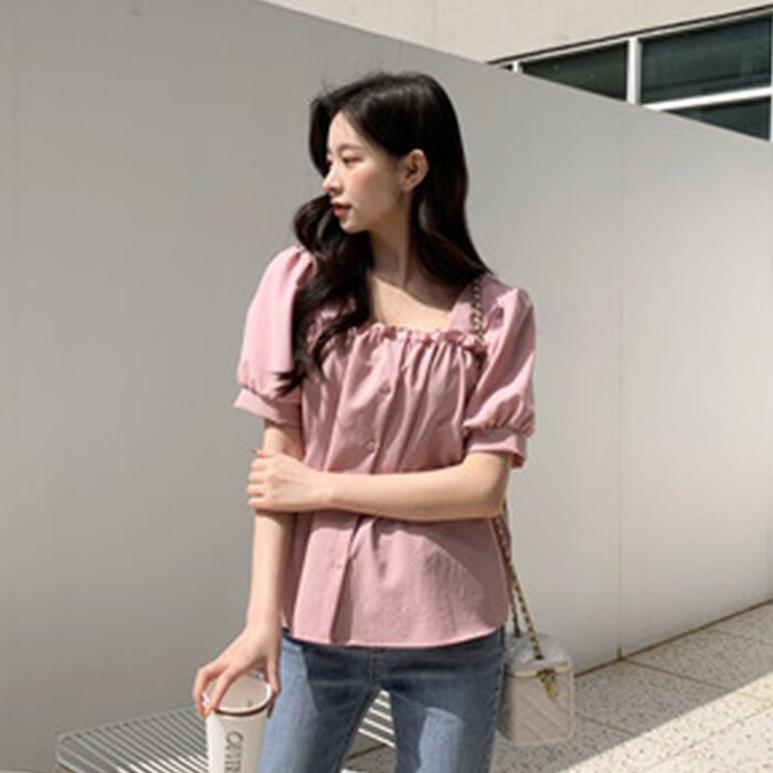 Square Neck Puff Sleeve Blouse - Free (XS-M)