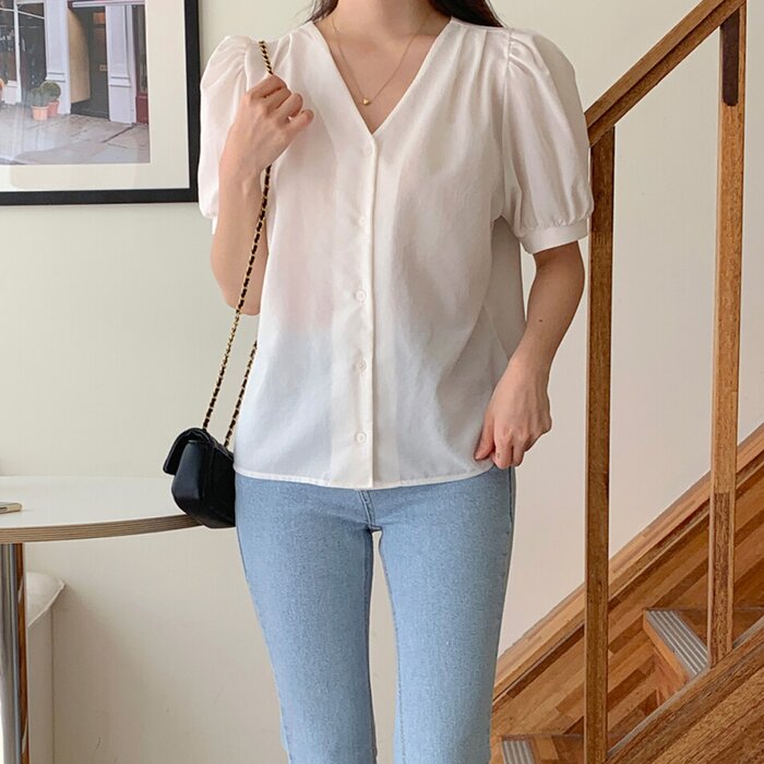 V-neck Puff Sleeve Blouse - Free (XS-M)