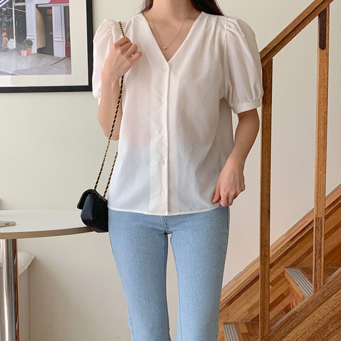 V-neck Puff Sleeve Blouse - Free (XS-M)